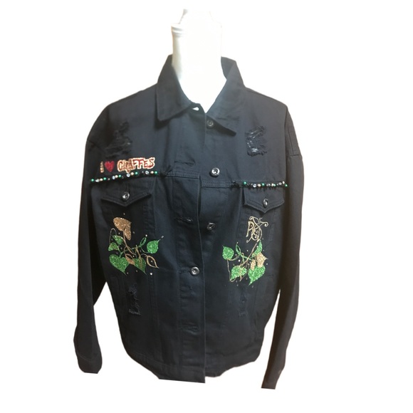 I Love Giraffes Black Denim Oversize Distressed Jacket - Picture 3 of 11